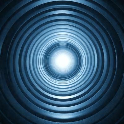 The primary subject of the image is a blue spiral tunnel. The setting is a dark, enclosed space, and the visual style is a digital art or illustration. The dominant colors are blue and black, creating a moody atmosphere.